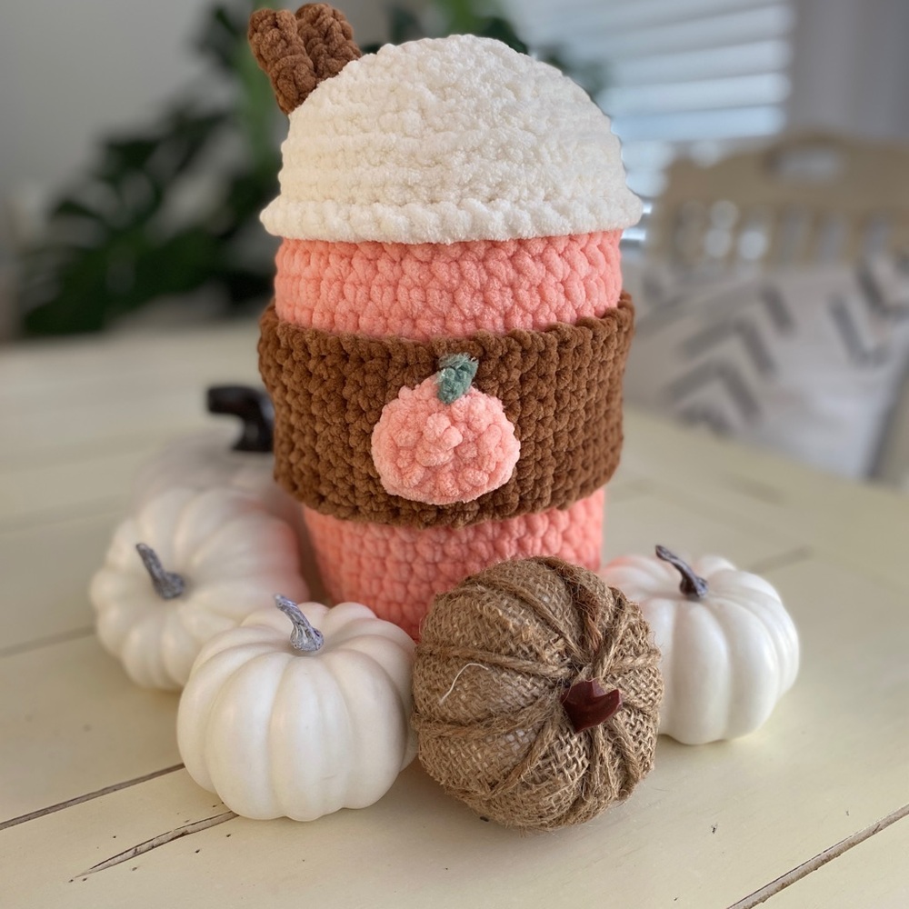 Crochet Pumpkin Latte Plushie Soft Blanket Yarn Handmade